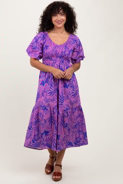 Umgee Magenta Tropical Floral Smocked Tie Back Maxi Dress