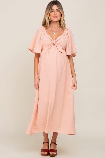 PinkBlush Peach Textured Dot Front Tie Ruffle Sleeve Maternity Midi Dress