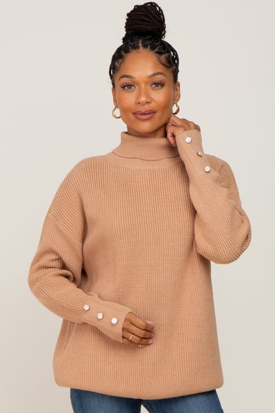 Vine & Love Camel Button Accent Turtleneck Sweater