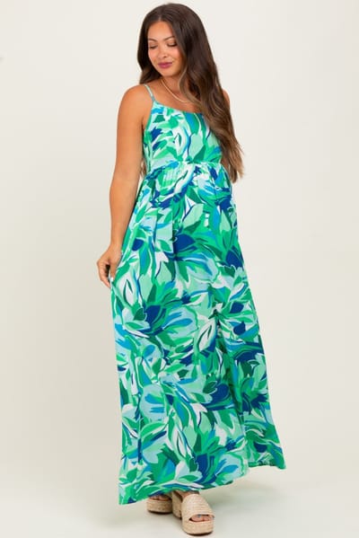 PinkBlush Green Printed Shoulder Tie Maternity Maxi Dress
