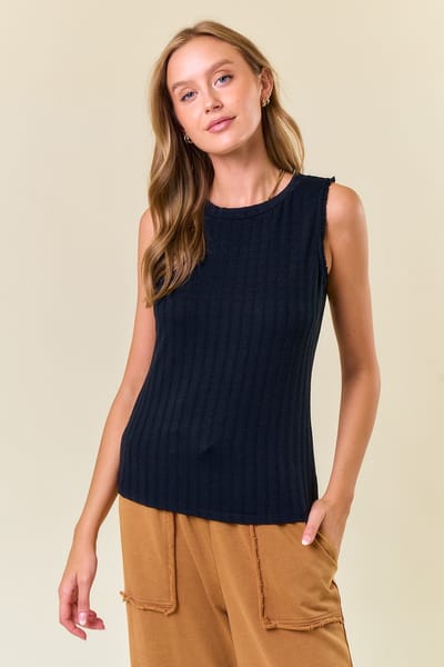 Doe & Rae Black Textured Rib Ruffle Detail Tank Top