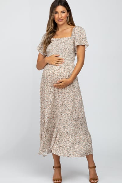 Heyson Ivory Floral Smocked Maternity Maxi Dress