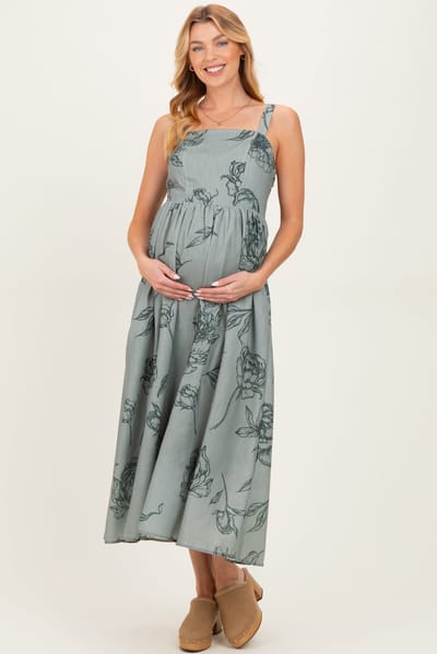 PinkBlush Light Olive Floral Sleeveless Maternity Midi Dress