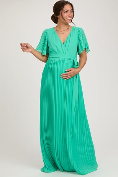 Ricarica Aqua Chiffon Wrap Front V-Neck Short Sleeve Pleated Maternity Maxi Dress