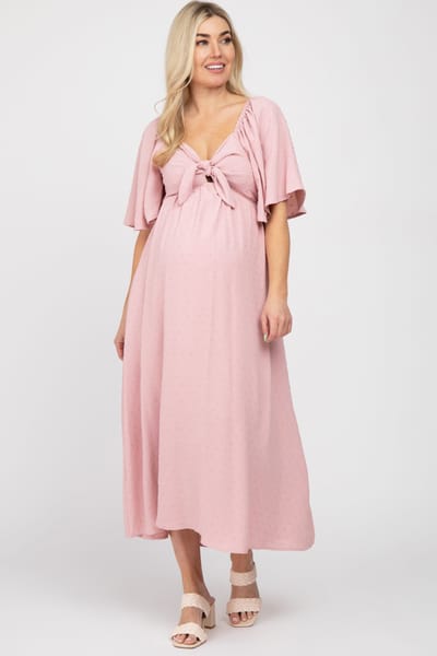 Lime N Chili Mauve Textured Dot Front Tie Ruffle Sleeve Maternity Midi Dress