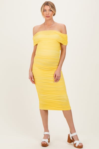 Cameo Lemon Ruched Mesh Off Shoulder Maternity Midi Dress