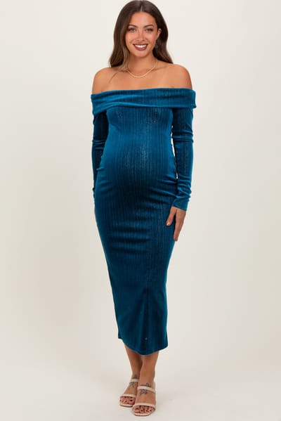 PinkBlush Teal Shiny Velour Off Shoulder Maternity Midi Dress
