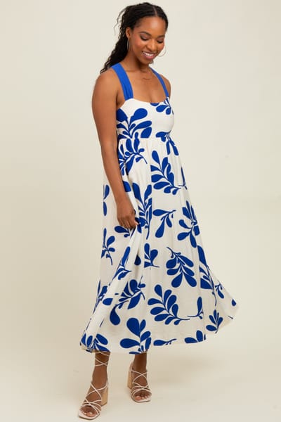 Mine and E&M Royal Blue Leaf Print Tie Back Cutout Midi Dress