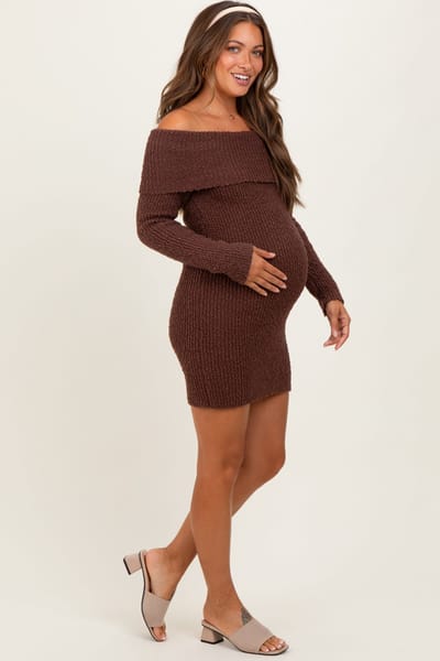 PinkBlush Brown Off The Shoulder Knit Sweater Maternity Mini Dress
