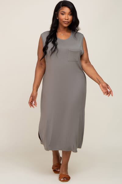 Sweet Lovely Olive Sleeveless Front Pocket Plus Midi Dress