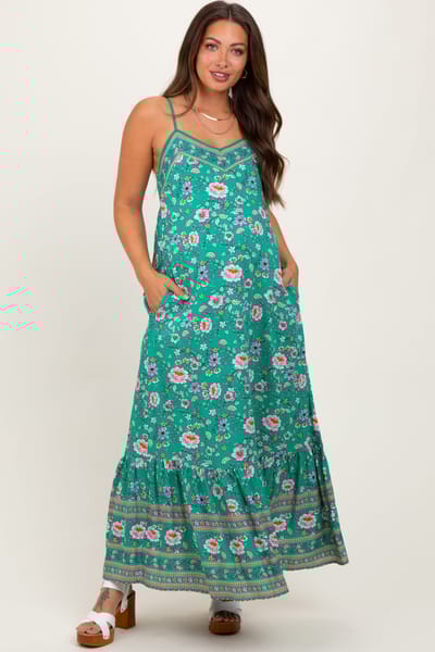 Sugarlips Green Floral Tie Back Maternity Maxi Dress