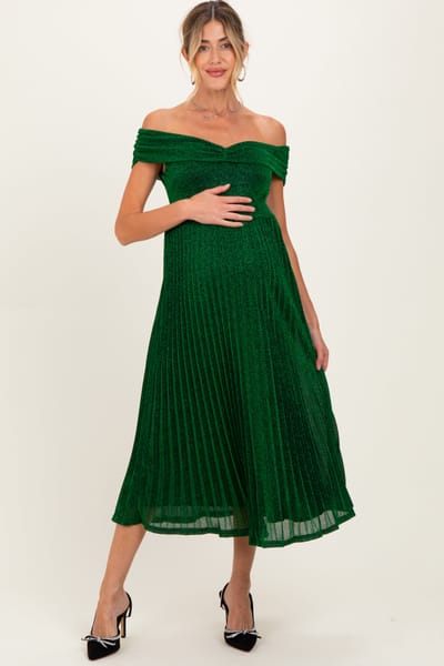 Dress Day Forest Green Shimmer Off Shoulder Pleated Maternity Midi Dress