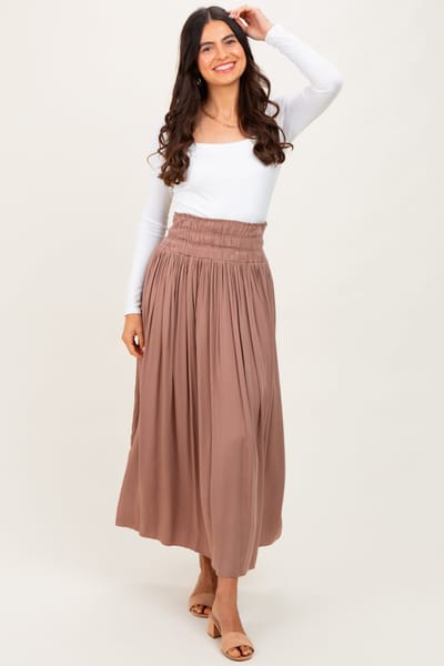 Vine & Love Mocha Smocked Waistband Pleated Maxi Skirt