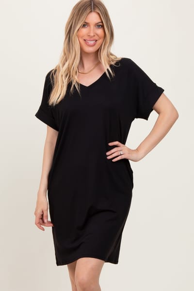 Zenana Outfitters Black Brushed Rolled Short Sleeve V-Neck Dress