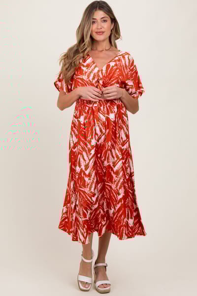 PinkBlush Red Brushstroke Print Cutout Maternity Midi Dress