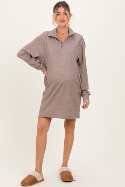 Hem & Thread Taupe Brushed Quarter Zip Jersey Lounge Maternity Sweatshirt Dress