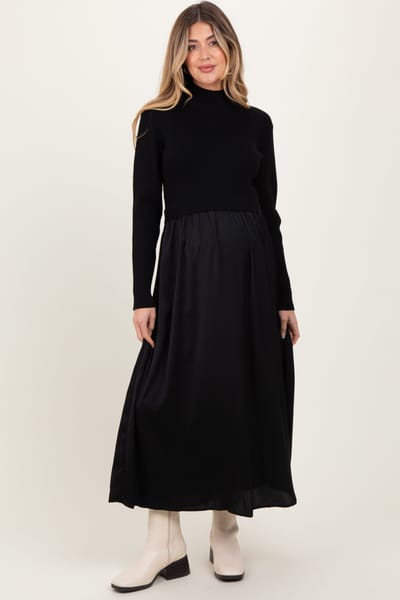 PinkBlush Black Knit Contrast Top Satin Maternity Midi Dress