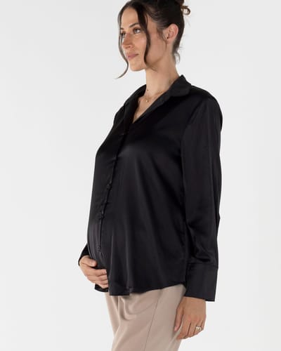 Angel Maternity Taylor Black Maternity/ Nursing Satin Button Down Shirt