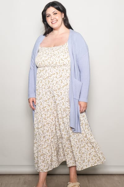 Elloh Cream Floral Smocked Long Sleeve Plus Maxi Dress