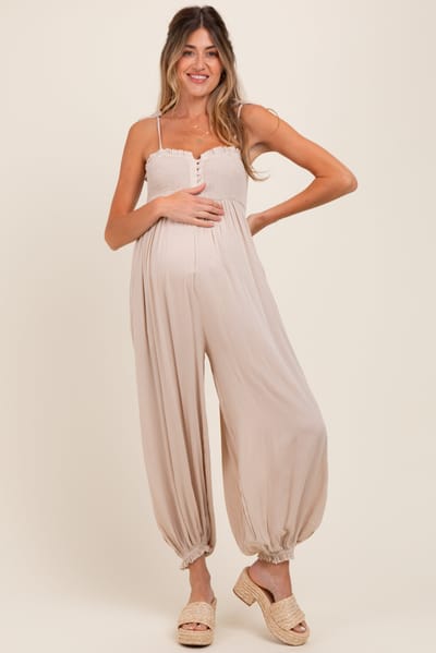 Bluivy Beige Smocked Button Front Shoulder Tie Maternity Jumpsuit