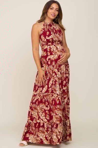 Dress Day Burgundy Palm Open Back Halter Tiered Maternity Maxi Dress