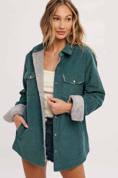 Bluivy Forest Green Corduroy Sherpa Lined Shacket