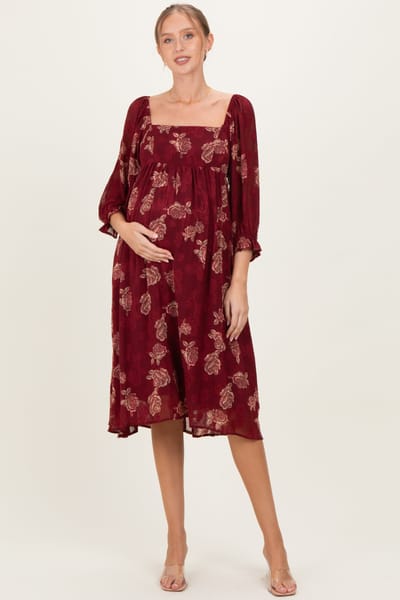 Sweet Lemon Burgundy Floral Textured Maternity Midi Dress