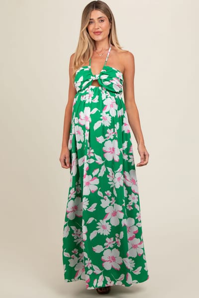 PinkBlush Green Floral Halter Neck Maternity Maxi Dress
