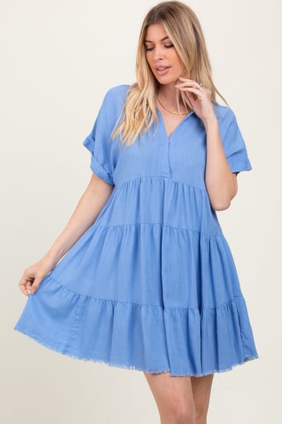 Umgee Blue Tiered Linen Dress