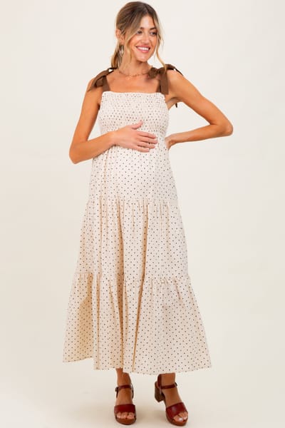 Wishlist Cream Polka Dot Tiered Shoulder Tie Maternity Midi Dress