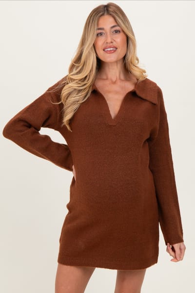 Hyfve Brown Long Sleeve Polo Maternity Sweater Dress