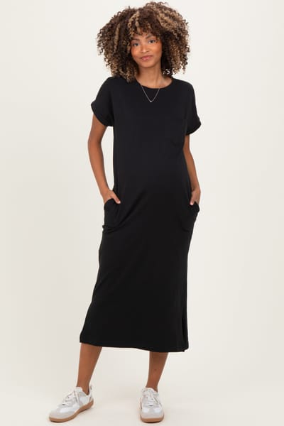 Zenana Outfitters Black Pocket Front Maternity Midi T-Shirt Dress