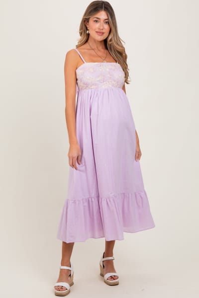 Idem Ditto Lavender Floral Embroidery Back Ribbon Maternity Midi Dress