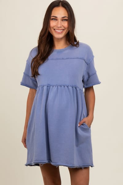 PinkBlush Blue Raw Hem Maternity Short Sleeve Dress