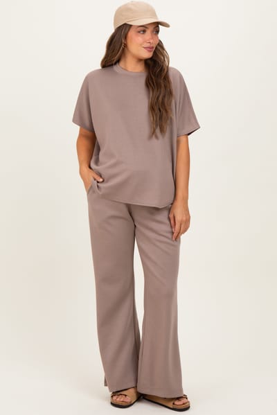 Zenana Outfitters Mocha Curved Hem Tee Pants Maternity Lounge Set