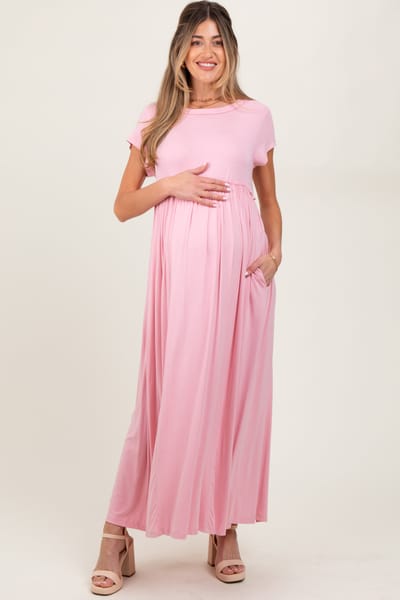 ZiA Apparel Light Pink Short Sleeve Pocketed Maternity Maxi Dress