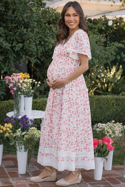 PinkBlush Pink Floral Lace Trim Flutter Sleeve Maternity Maxi Dress
