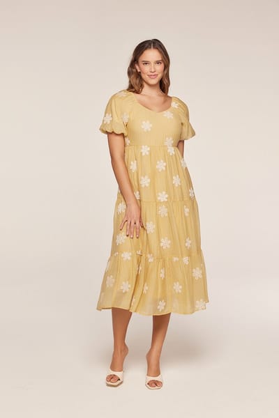 Tea N Rose Saffron Yellow Embroidered Floral Tiered Midi Dress