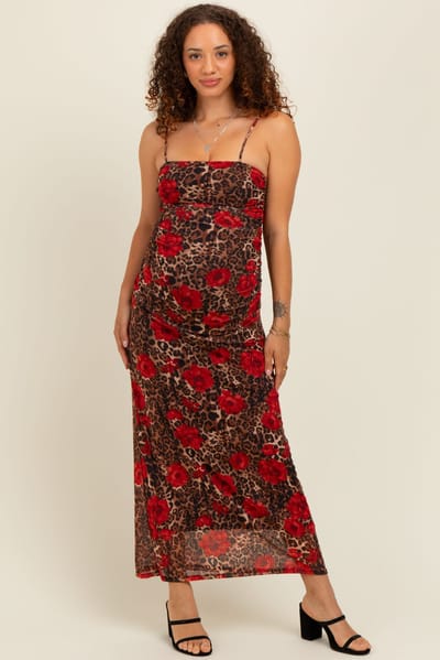 PinkBlush Brown Leopard Floral Mesh Ruched Sleeveless Maternity Maxi Dress