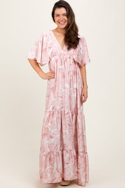 Rhea + Thea Pink Floral Short Sleep Deep V-Neck Tiered Maxi Dress