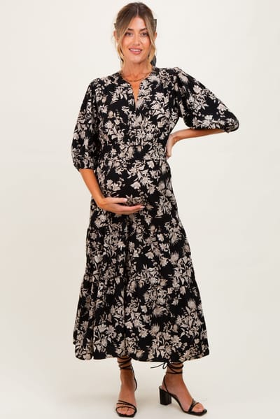 PinkBlush Black Floral 3/4 Sleeve Smocked Waist Maternity Midi Dress