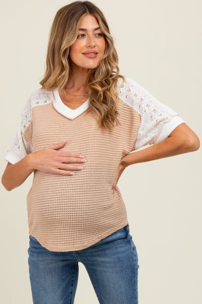 PinkBlush Beige Lace Inset V-Neck Short Sleeve Maternity Top
