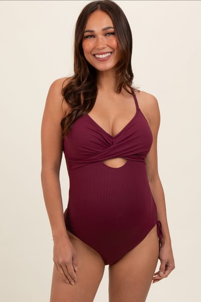 Charmo Plum Ribbed Wrap Front Drawstring Side Maternity One-Piece Swimsuit