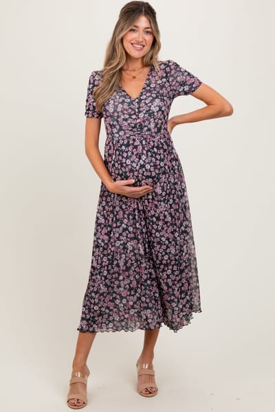 Love Stitch Black Floral Reversible Front Cinched Maternity Midi Dress