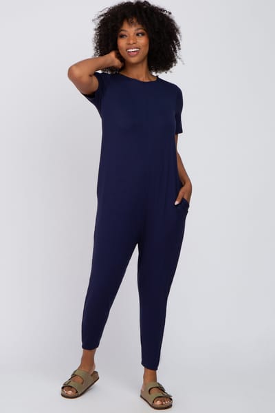 Hello Miz Navy Blue Basic Short Sleeve Jumpsuit
