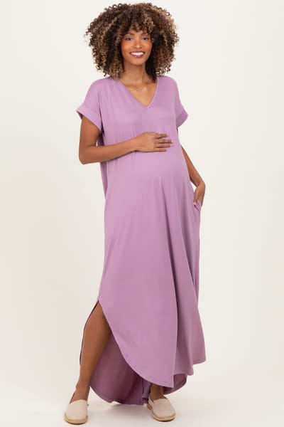 Entro Dark Mauve Side Slit Maternity Maxi Dress