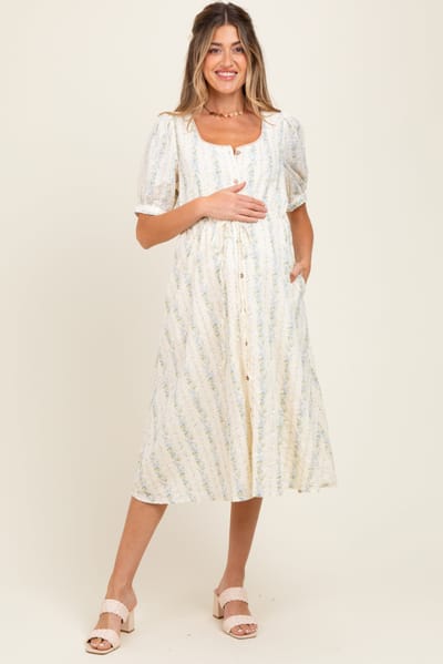 PinkBlush Light Blue Swiss Dot Floral Print Button Down Maternity Midi Dress