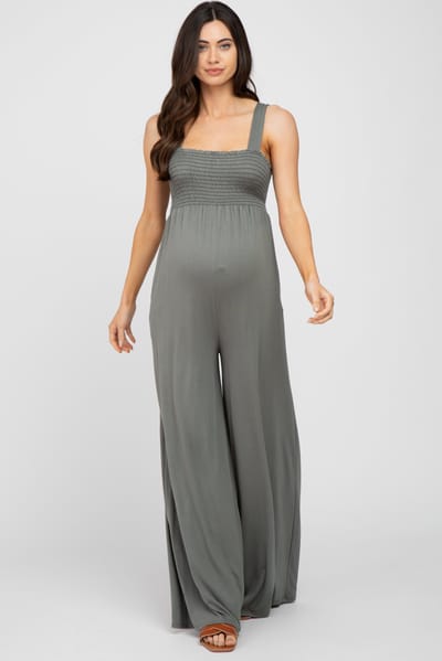 Hello Miz Olive Sleeveless Wide Leg Maternity Jumpsuit