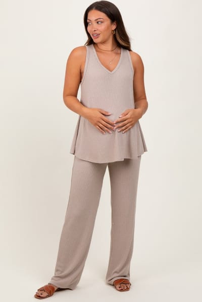 Mitto Taupe Rib Knit Tank and Pant Maternity Set