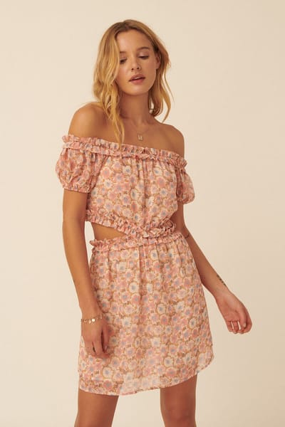 Promesa Peach Floral Off-Shoulder Ruffle Side Cutout Mini Dress